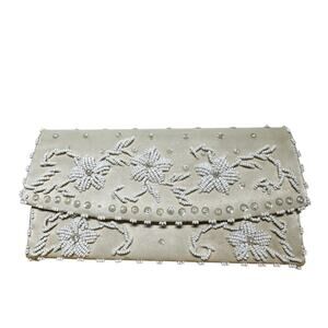 Vintage Jay Dee Clutch 80s Hand Made Beaded Embellished Flowers Zip Pocket Ivory